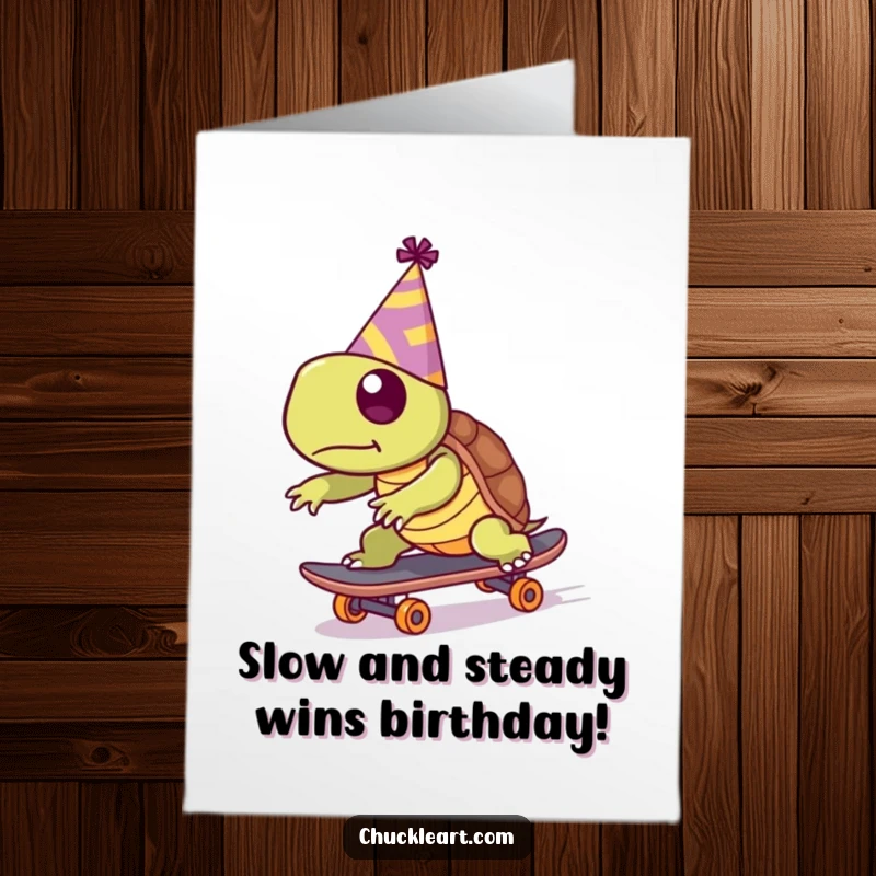 Funny Free Printable Birthday Card: A turtle in a party hat trying to skateboard fast, celebrating a special day.