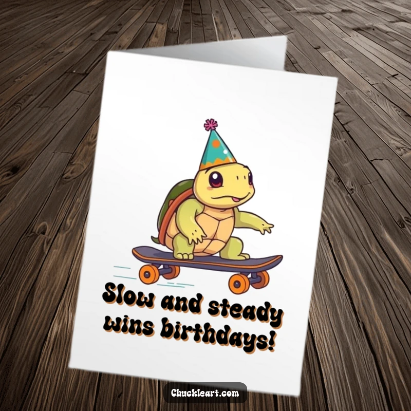 Funny Free Printable Birthday Card: A turtle in a party hat zooms precariously on a skateboard, celebrating in style.