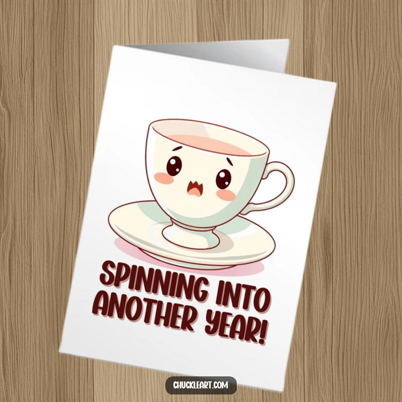 Funny Free Printable Birthday Card: A teacup comically mid-spin on its saucer, looking surprised.
