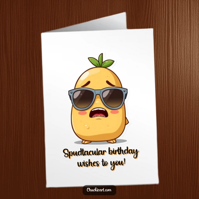 Funny Free Printable Birthday Card showing a determined potato character trying to wear oversized sunglasses, looking comically cool.