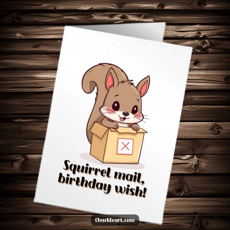 Funny Free Printable Birthday Card: Squirrel squeezing into a tiny box, ready for mail delivery, a hilarious DIY gift.
