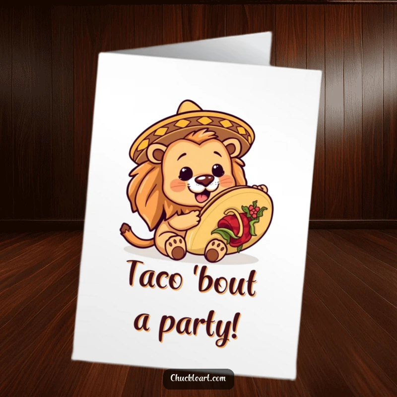 Funny Free Printable Birthday Card: A lion in a tiny sombrero joyfully devours a giant taco, ready for a wild celebration.