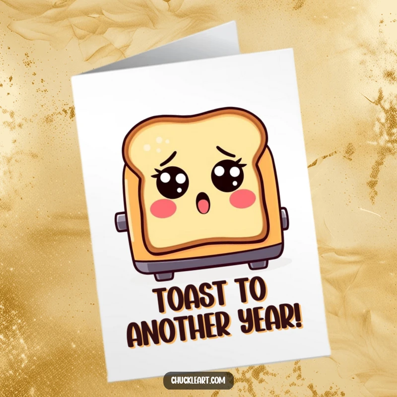 Funny free printable birthday card showing a shocked piece of toast with wide eyes, dramatically popping out of a toaster.