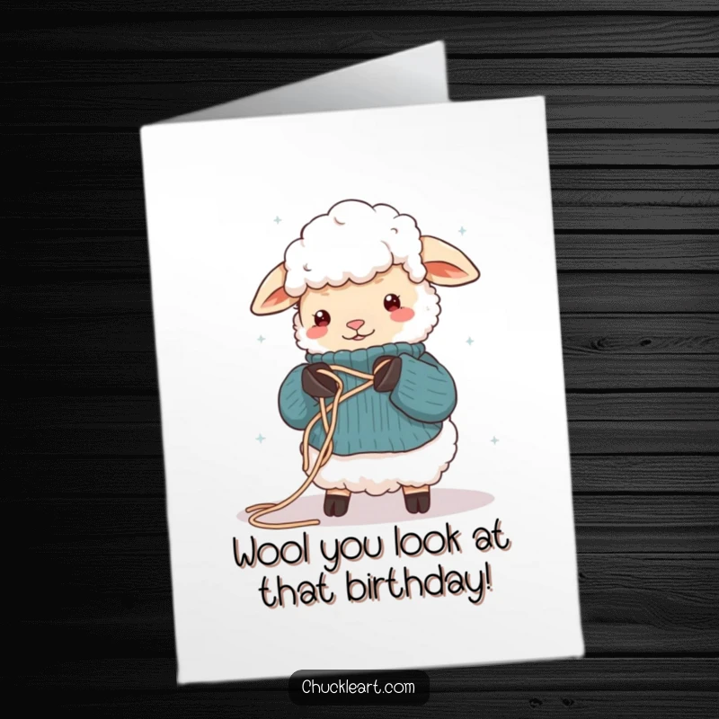 Funny Free Printable Birthday Card: A sheep gets tangled in wool while trying to knit a sweater, celebrating.