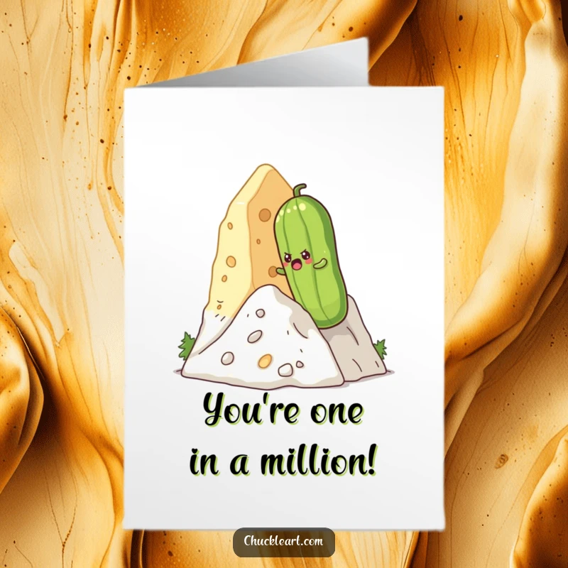Funny free printable birthday card: A very determined pickle makes a valiant effort to climb a massive gooey cheese mountain.