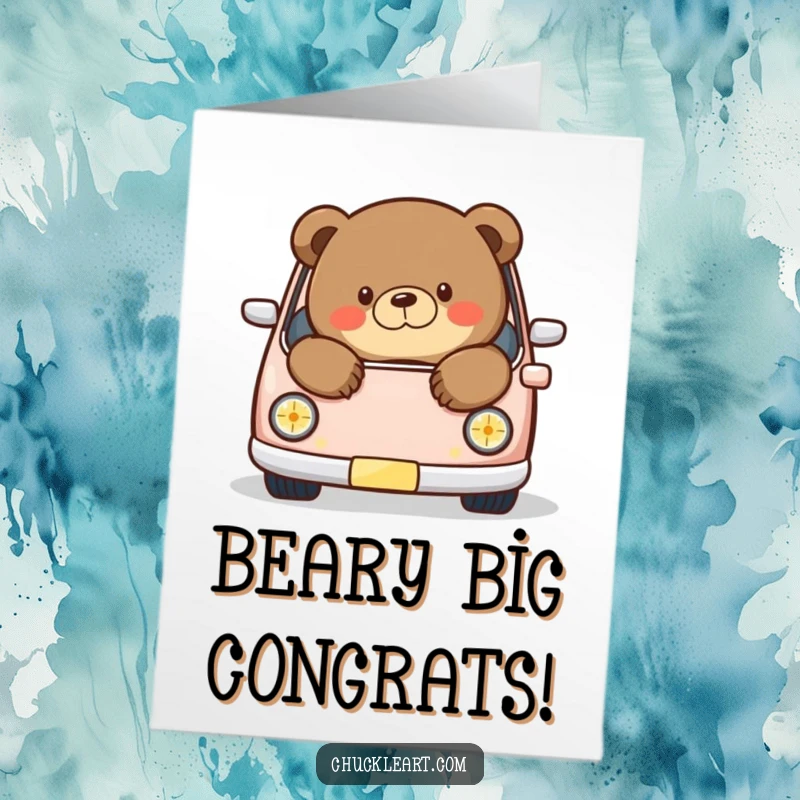 Funny Free Printable Congratulations Card: A chubby bear humorously overflows from a tiny car, celebrating an achievement.