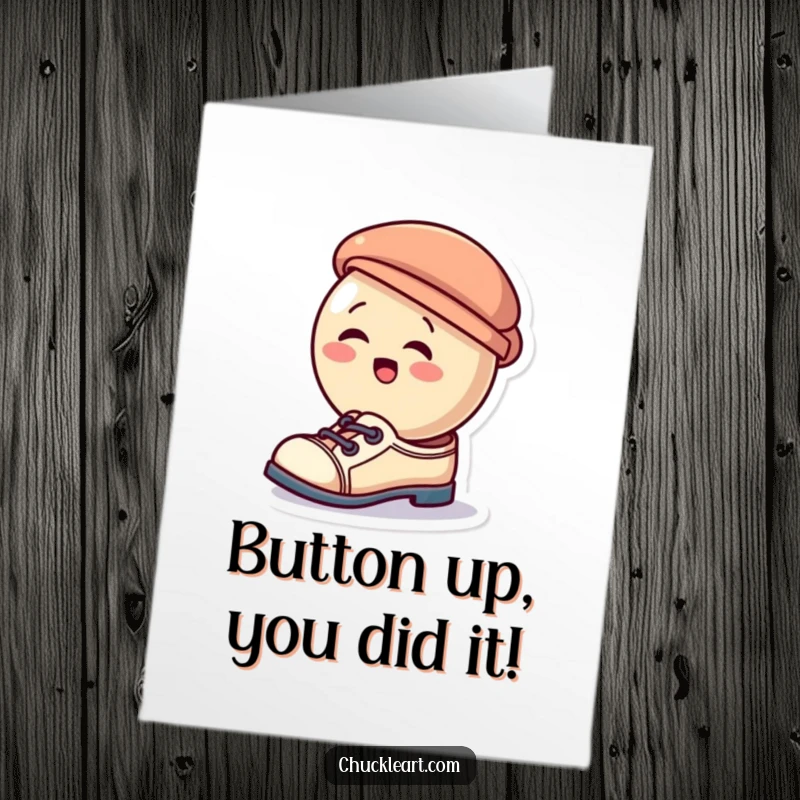 Funny Free Printable Congratulations Card: Giggling button hilariously wears a tiny hat as a shoe, celebrating success. Quirky and fun.