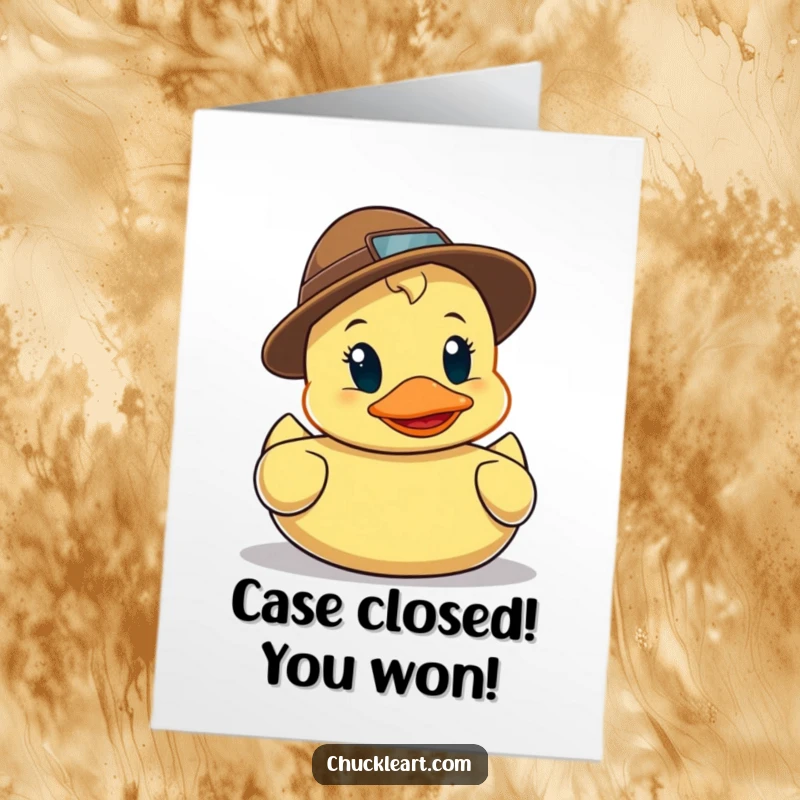 Funny Free Printable Congratulations Card with a rubber duck detective hat on, smartly looking for clues to celebrate success.