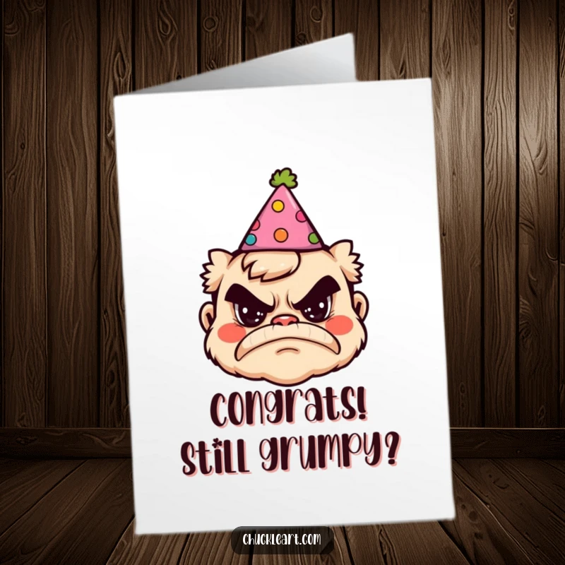 Funny Free Printable Congratulations Card: A cartoon grumpy face wearing a party hat, suggesting reluctant celebration.