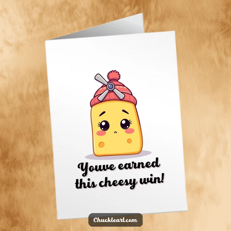Funny Free Printable Congratulations Card: Bewildered cheese slice wears a tiny propeller beanie, celebrating success with cheesy flair.