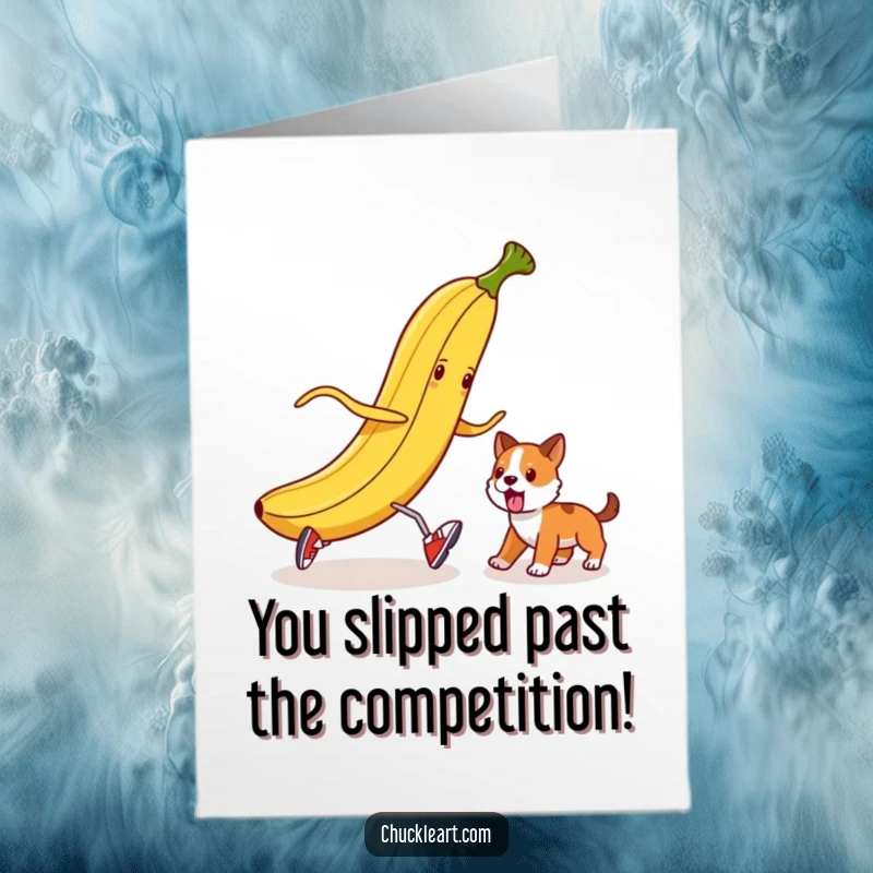 Funny Free Printable Congrats Card: A banana peel in tiny shoes attempts to trip a dog, a humorous congratulatory image.