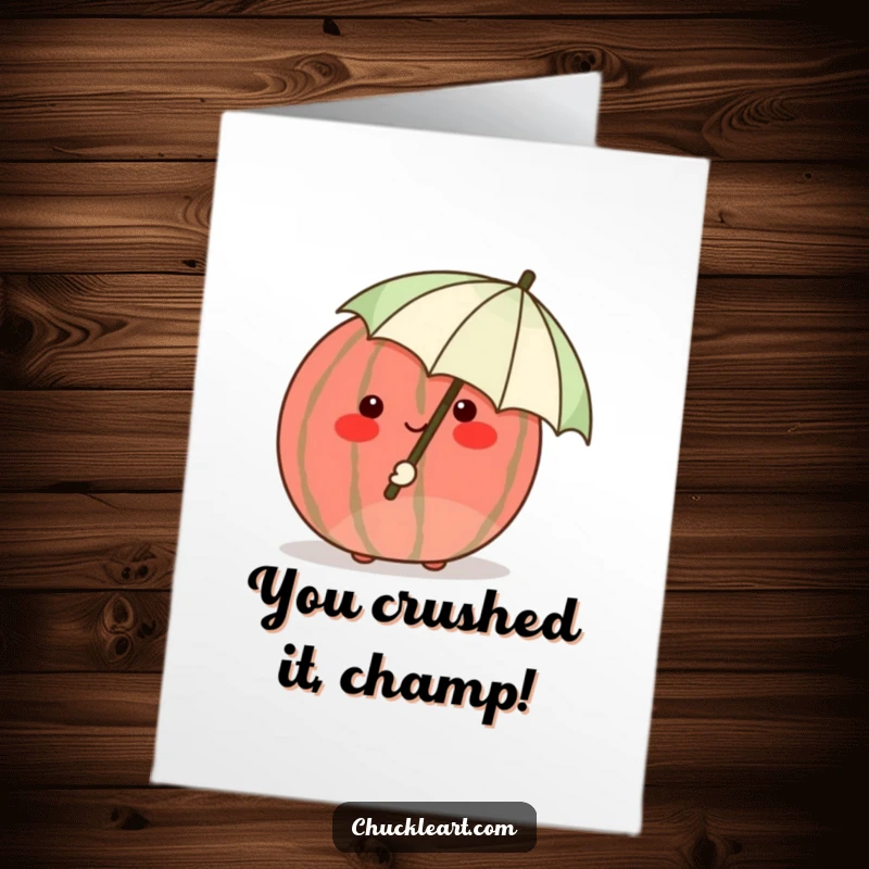 Funny free printable congratulations card with a shy, blushing watermelon hiding behind a tiny umbrella, celebrating achievements softly.