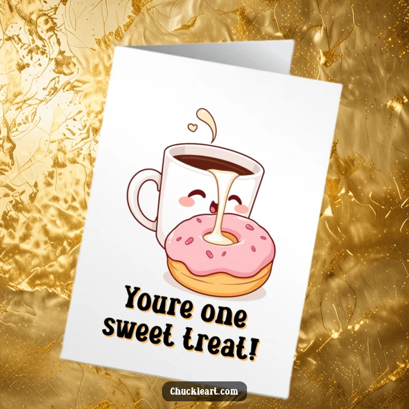 Funny Free Printable Congratulations Card: Winking coffee cup adds milk to a surprised donut.