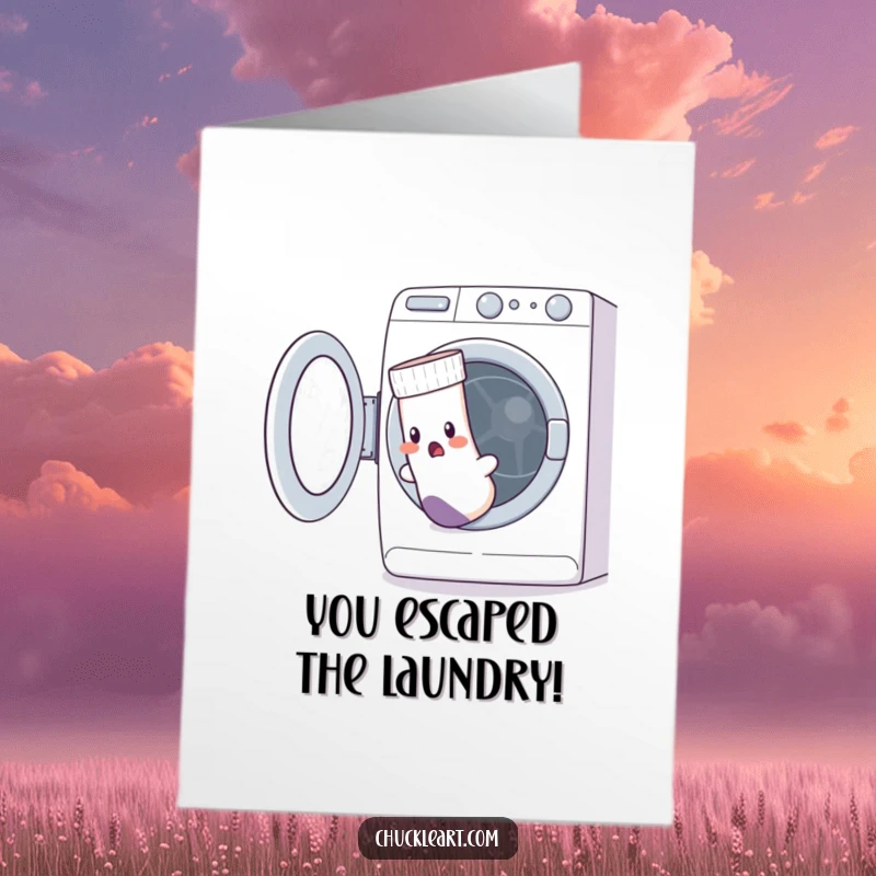 Funny Free Printable Congratulations Card: Sock with a hole escapes a washing machine, a witty design.