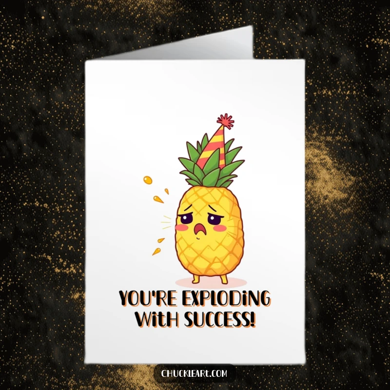 Funny free printable congratulations card showing a startled pineapple in a party hat spraying a jet of juice, celebrating a win.