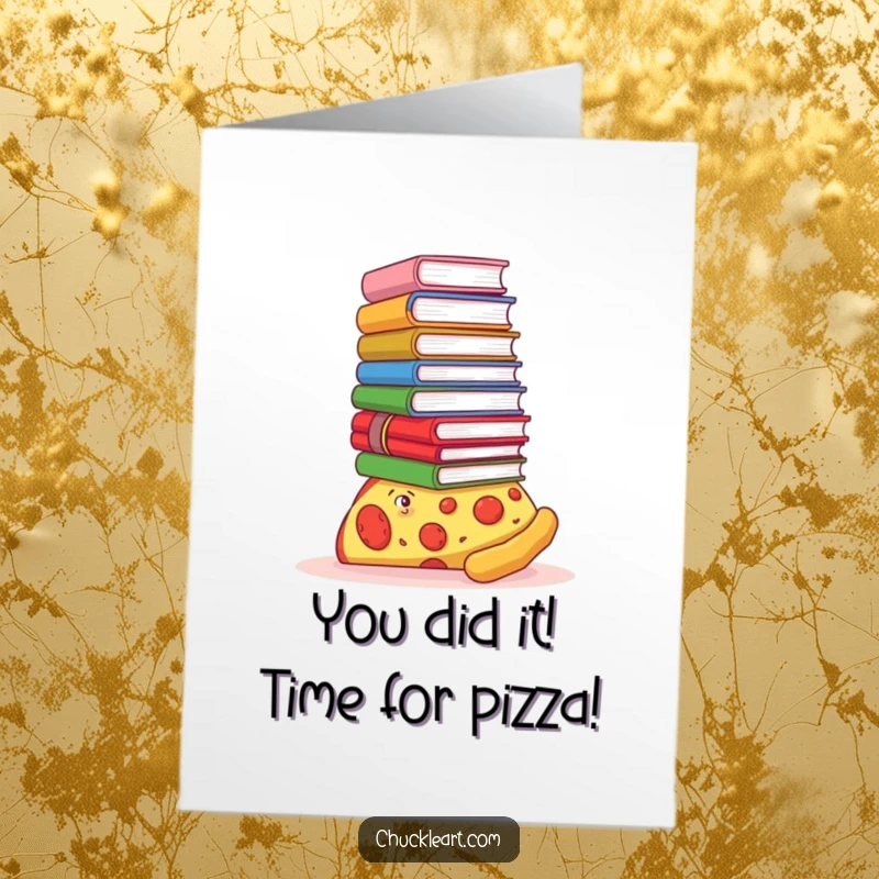 Funny Free Printable Congratulations Card showing a pizza slice proudly balancing a massive stack of books, celebrating an achievement.