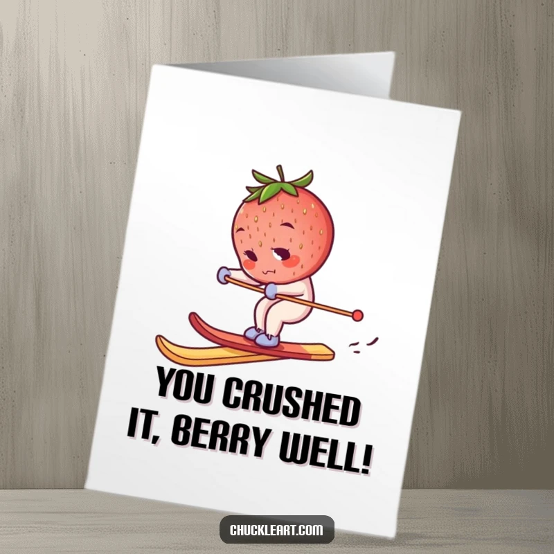 Funny Free Printable Congratulations Card: A strawberry with a determined expression, skiing on a breadstick.