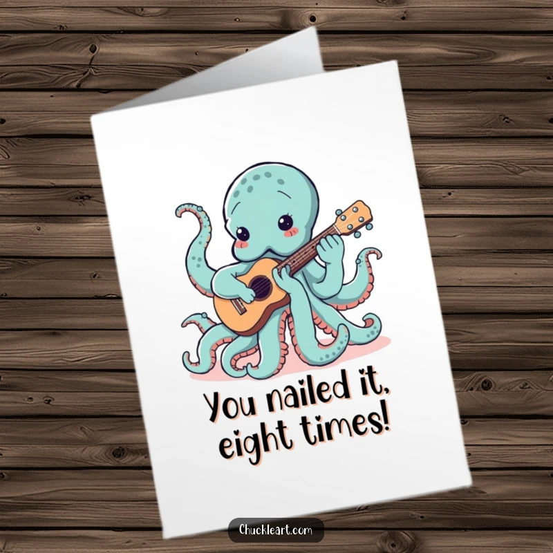 Funny Free Printable Congratulations Card: An octopus with all eight tentacles plays a ukulele, celebrating a joyous occasion.