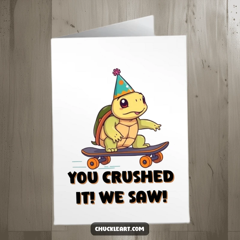 Funny Free Printable Congratulations Card: A determined turtle on a skateboard, celebrating a triumphant achievement with speed.