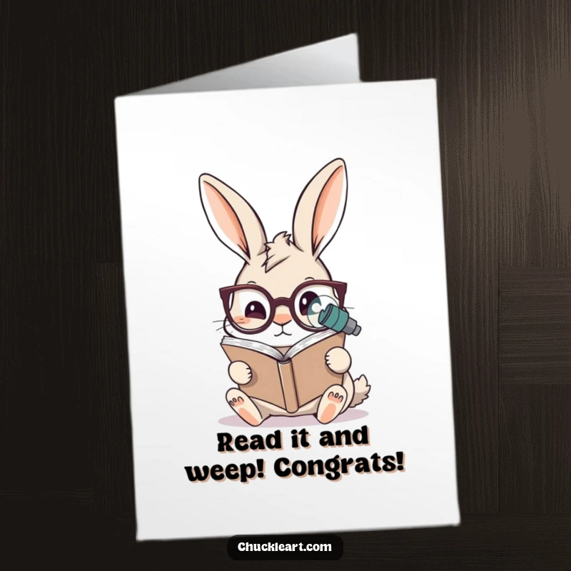 Funny Free Printable Congratulations Card: A rabbit adjusts oversized spectacles to read an unbelievably small book, highlighting a funny challenge.