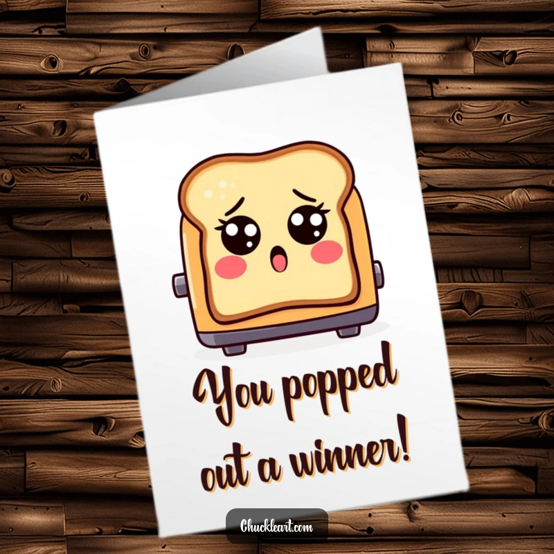 Funny free printable congratulations card featuring a shocked piece of toast with wide eyes emerging from a toaster, celebrating.