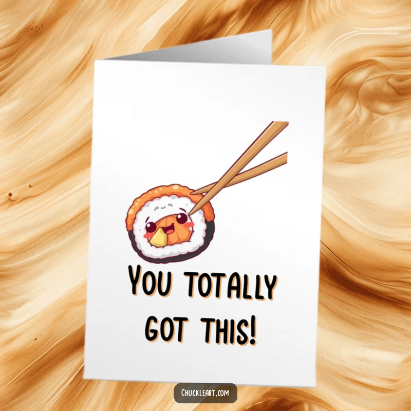 Funny Free Printable Sushi Congratulations Card: Sushi piece attempts to flee chopsticks, a humorous congrats for foodie wins.