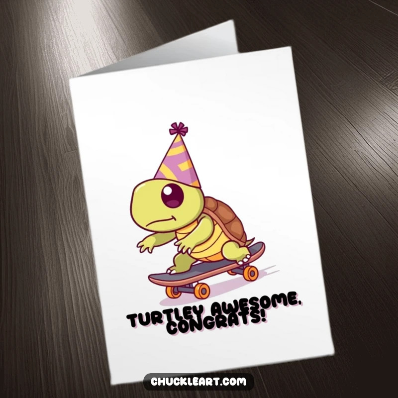 Funny Free Printable Congratulations Card: A turtle wearing a party hat attempts to speed on a skateboard, celebrating success.