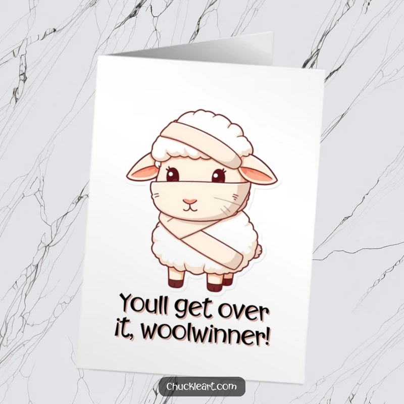 Funny Free Printable Congrats Card: A sheep with a huge bandage looks sheepish, perfect for celebrating recovery.