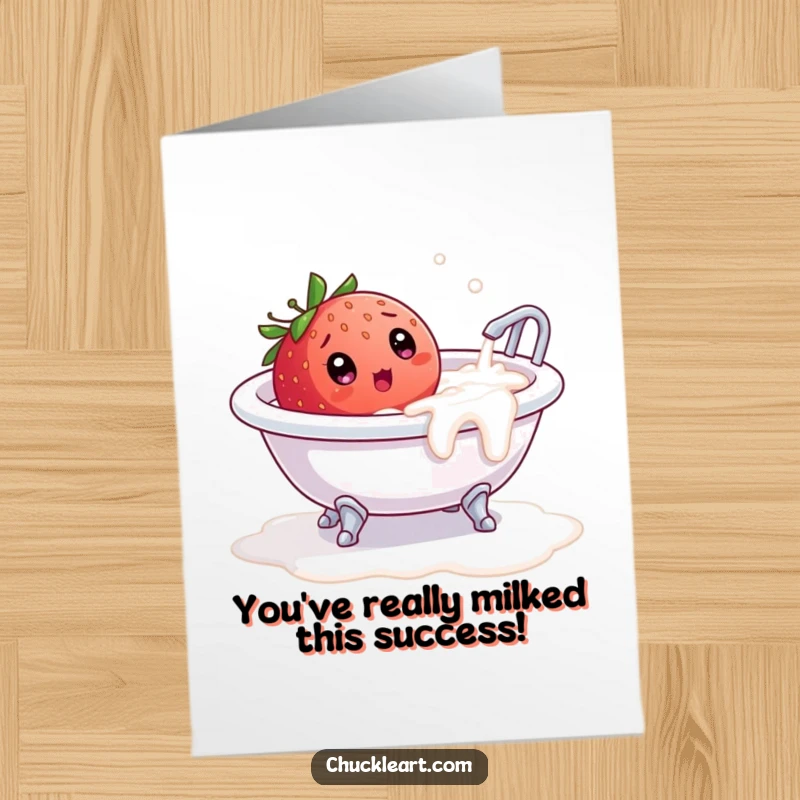 Funny Free Printable Congrats Card: Strawberry surprised in a milk bath, perfect for celebrating achievements.