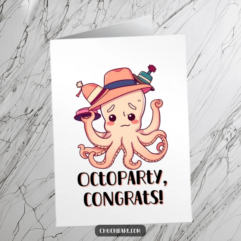 Funny Free Printable Congratulations Card: A confused octopus with many hats, symbolizing overcoming challenges, celebrating success.