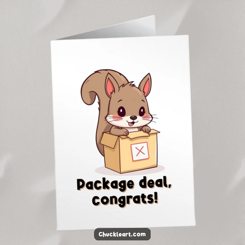 Funny Free Printable Congratulations Card: A squirrel in a box, ready to be mailed, cheering on a big achievement.
