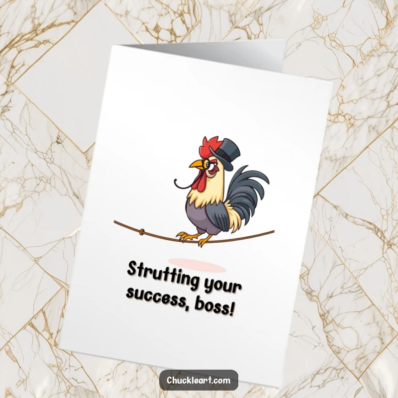 Funny Free Printable Congratulations Card: A proud rooster wearing formal wear balances perfectly on a tightrope.