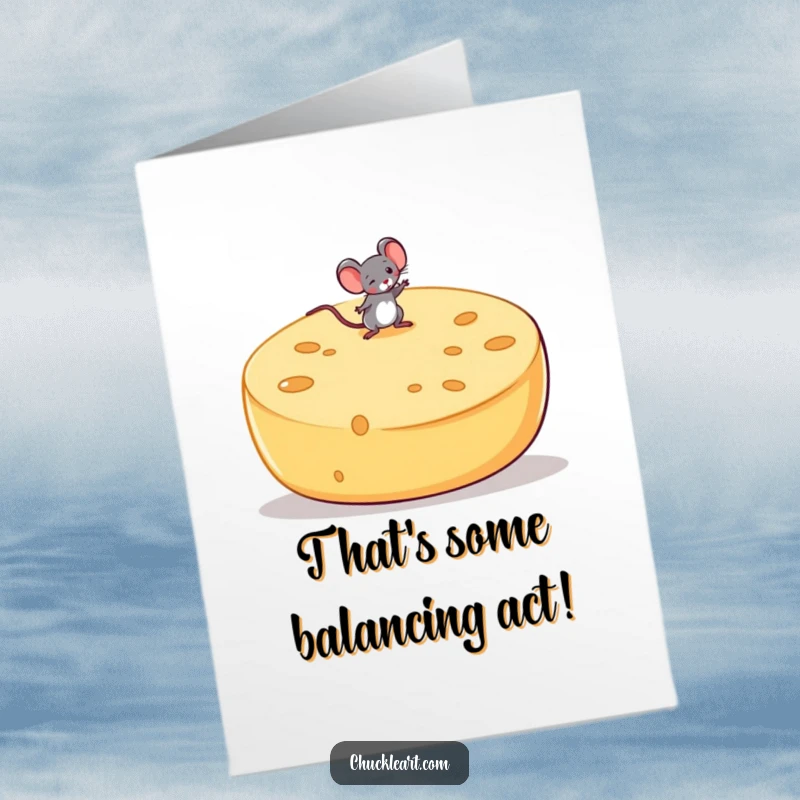 Funny Free Printable Congratulations Card: A small mouse bravely balances on a giant, tilting cheese wheel, signifying achievement.