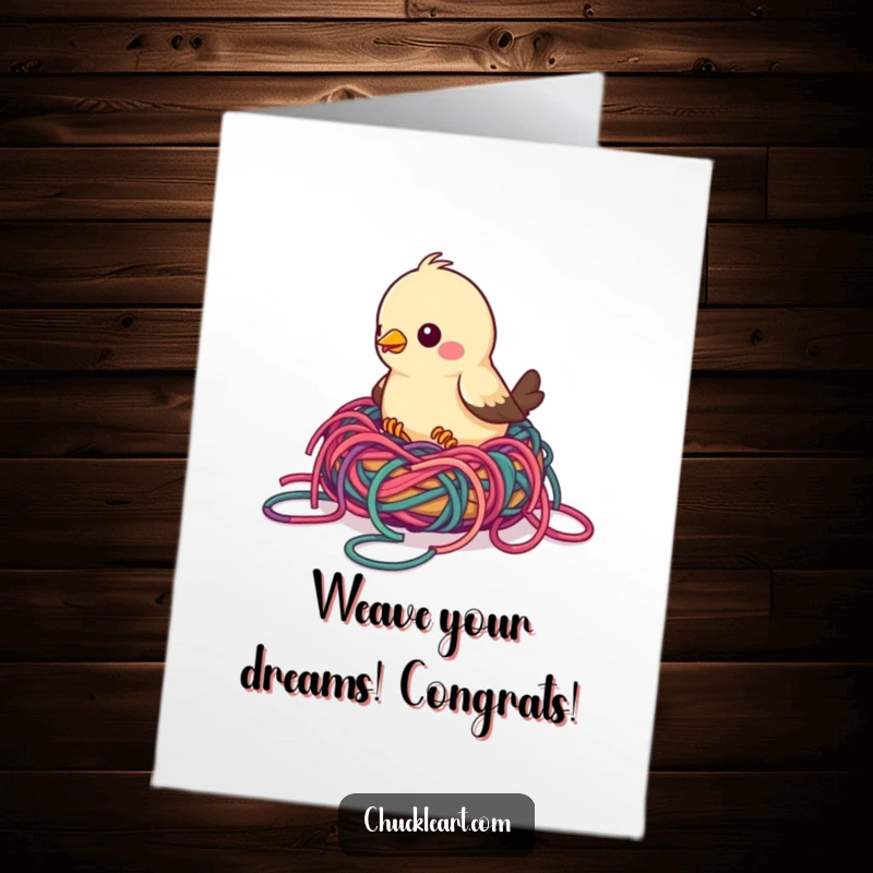Funny Free Printable Congratulations Card: A bird humorously attempts to weave a nest using a mess of colorful, tangled yarn strands.