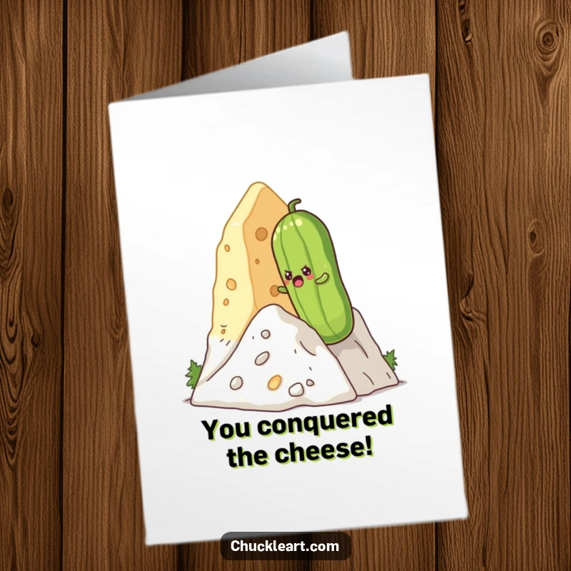Funny free printable congratulations card: A determined pickle is halfway up a colossal cheese mountain, celebrating your success.