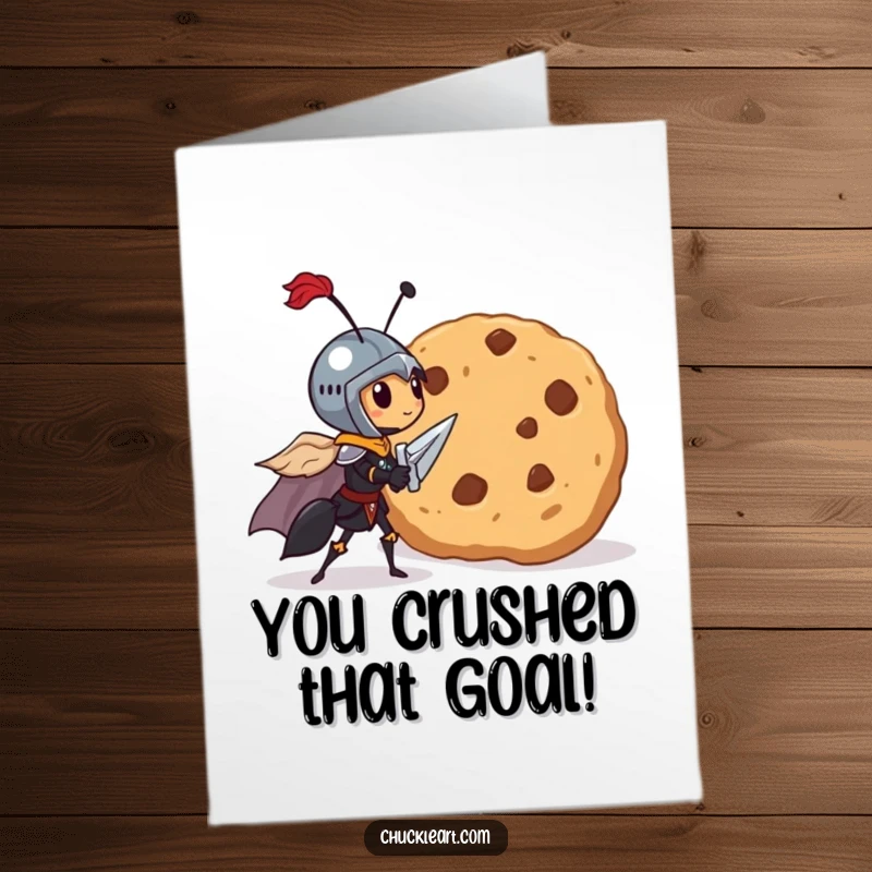 Funny Free Printable Congratulations Card: Ant knight faces off against a huge cookie, celebrating a sweet victory.