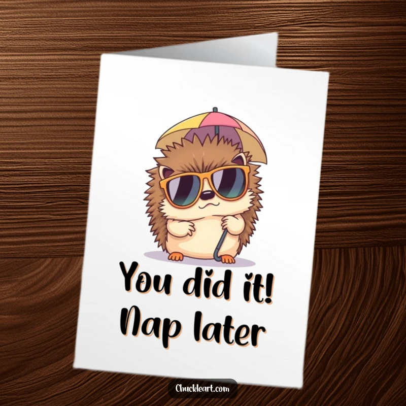 Funny Free Printable Congratulations Card: Grumpy hedgehog in sunglasses seeking shade, a unique downloadable gift.