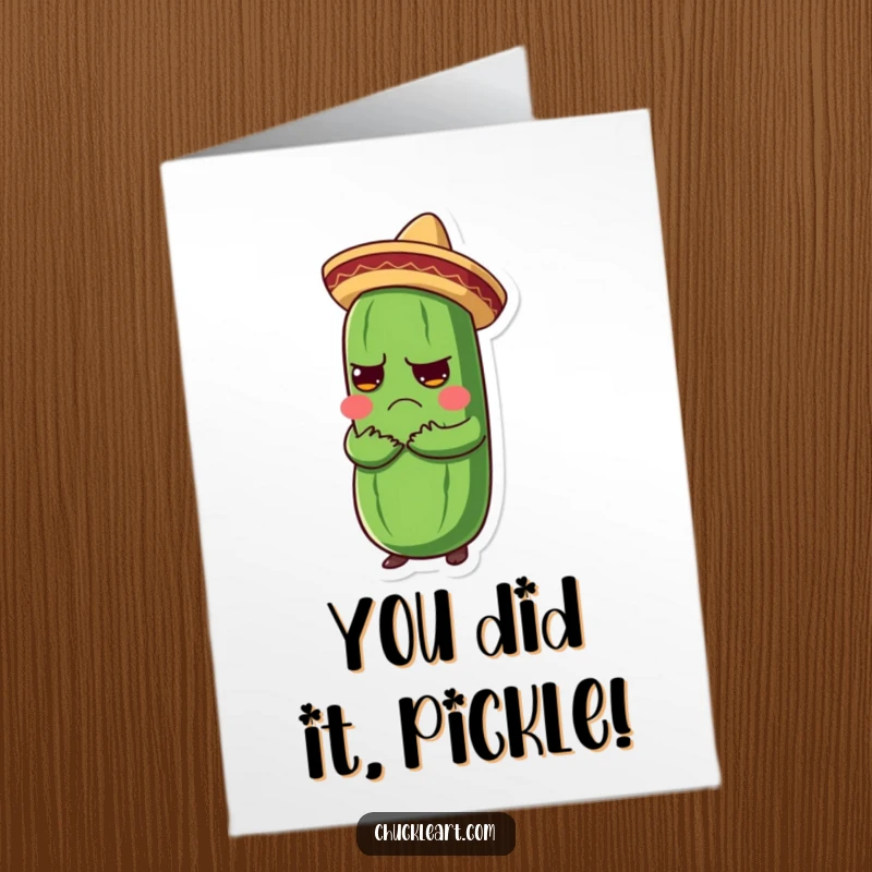 Funny Free Printable Congratulations Card: A grumpy pickle in a sombrero receives an enthusiastic hug.