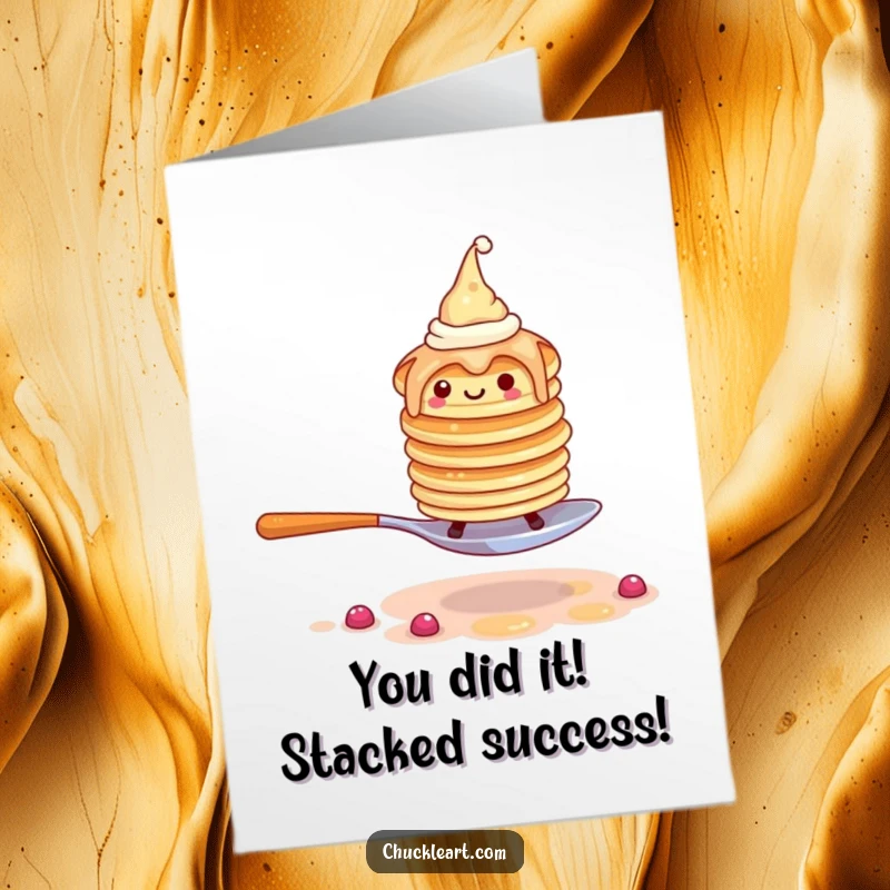 Funny free printable congrats card: stack of pancakes in hats escaping a fork, celebrating success humorously.