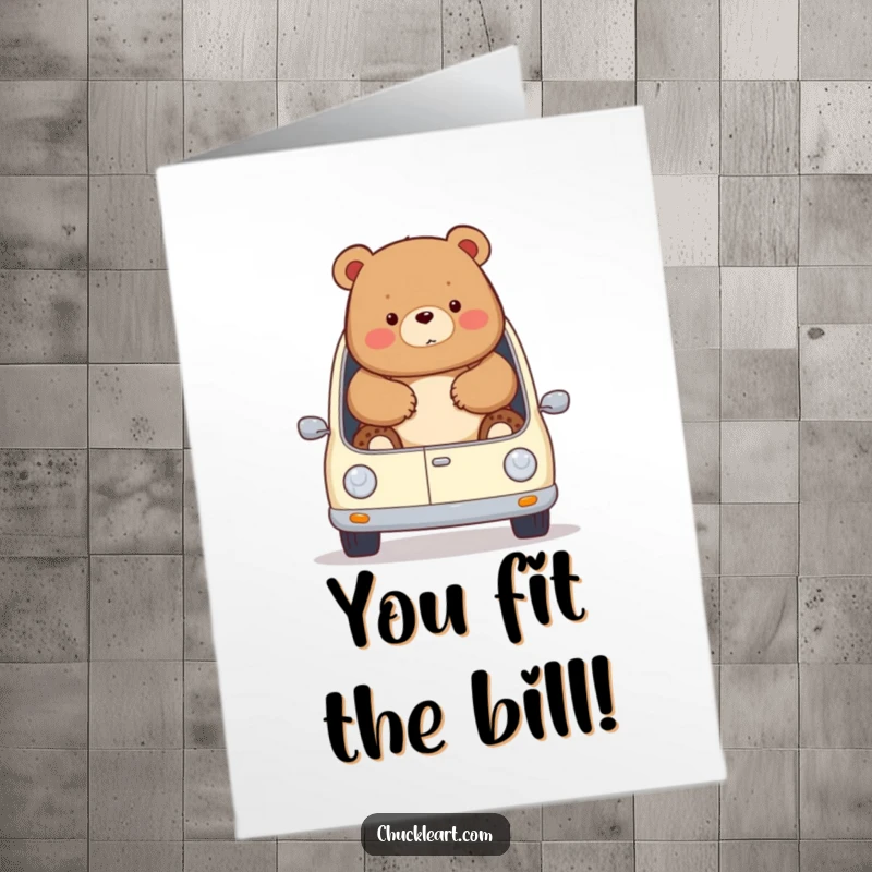 Funny Free Printable Congratulations Card: A chubby bear comically spilling out of a miniature car after a big win.