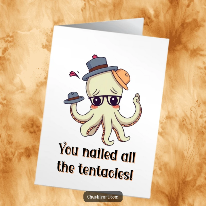 Funny Free Printable Congratulations Card: A confused octopus tangled in hats, celebrating a successful accomplishment.