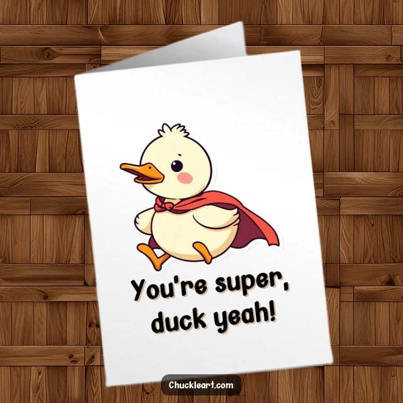 Funny Free Printable Superhero Duck Congratulations Card: A confident duck wearing a small superhero cape, flying with purpose. Heroic printable.