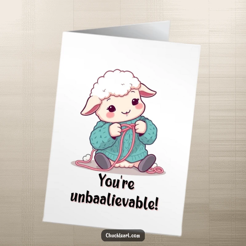 Funny Free Printable Congratulations Card: A sheep humorously tangled in wool, celebrating a knitting achievement with charm.