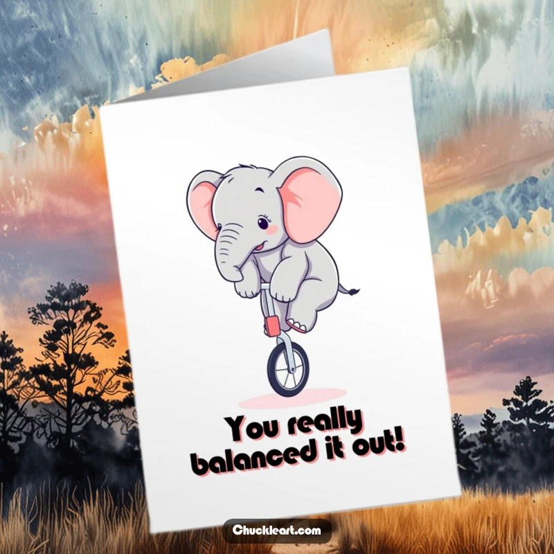 Funny Free Printable Congratulations Card: A clumsy elephant in a comical balancing act on a small unicycle, perfect for congrats.