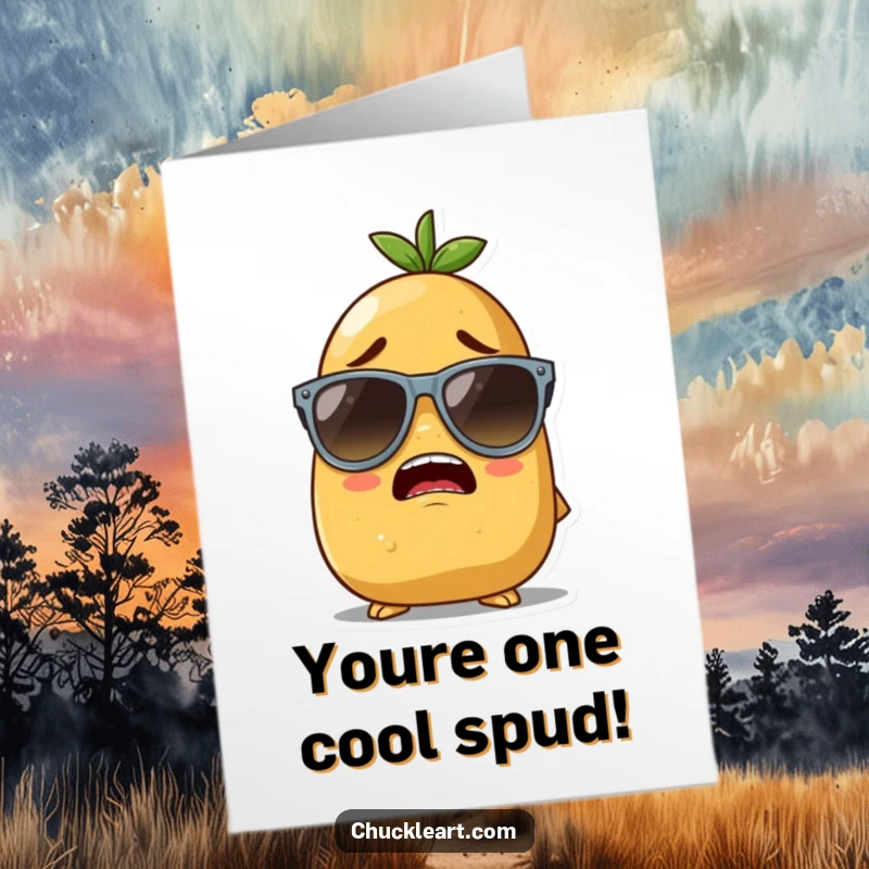 Funny Free Printable Congratulations Card featuring a potato character hilariously attempting to wear sunglasses that are far too big for its face.
