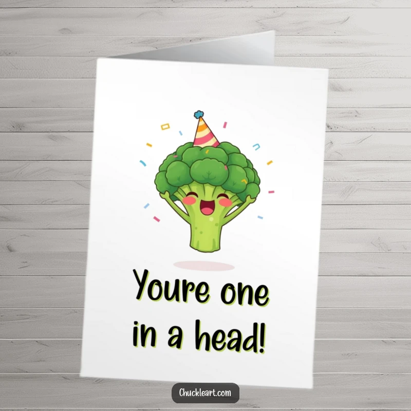 Funny Free Printable Congratulations Card: A happy broccoli in a party hat, surrounded by confetti, celebrating a big achievement.
