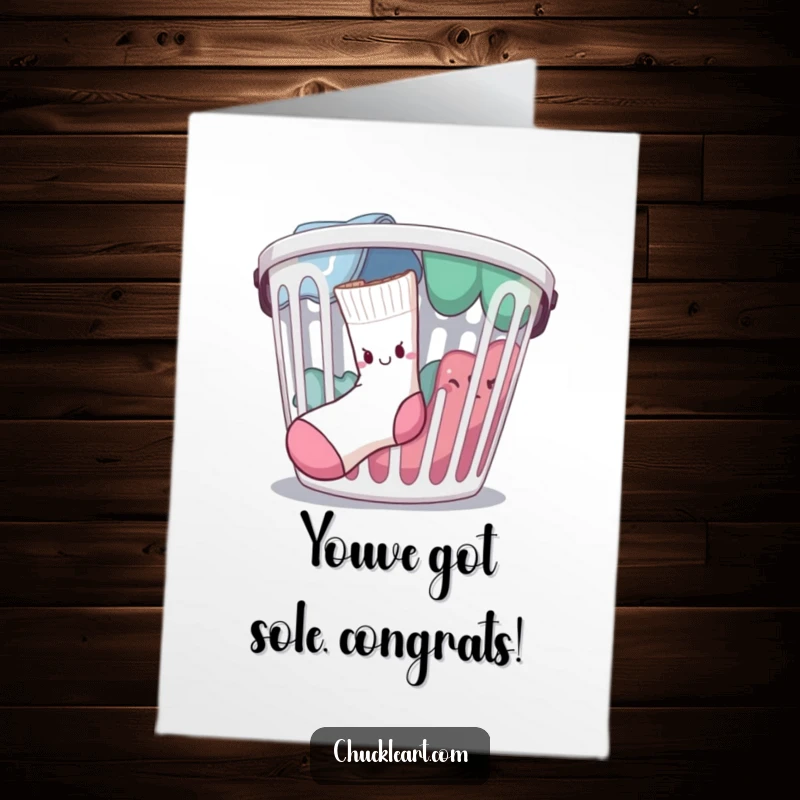 Funny free printable congratulations card depicting a resolved single sock escaping a laundry basket, celebrating freedom and success.