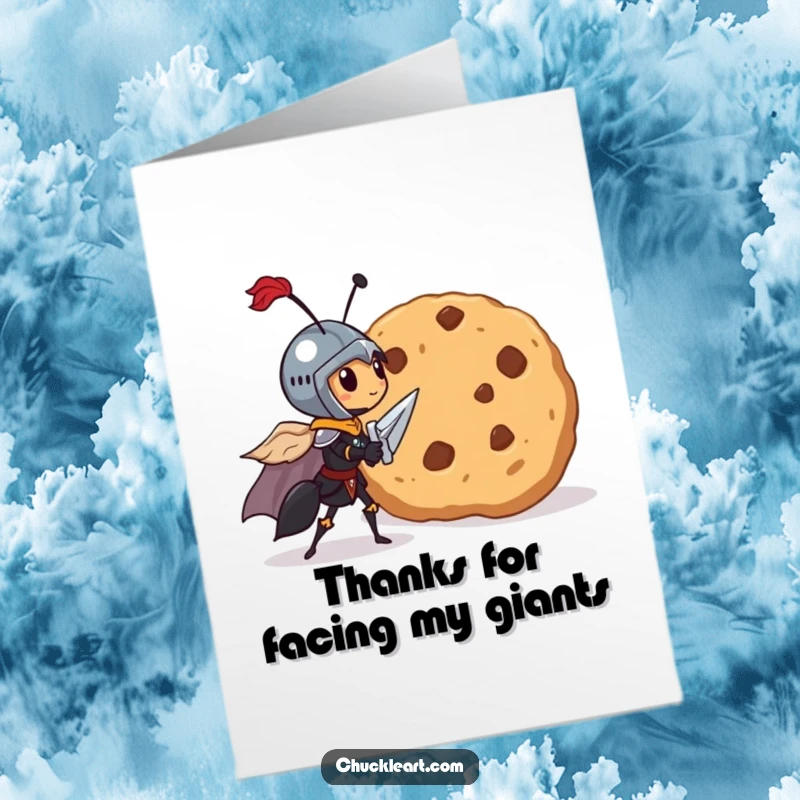 Funny Free Printable Thank You Card: Ant knight stands bravely before a giant cookie, offering thanks for a sweet victory.