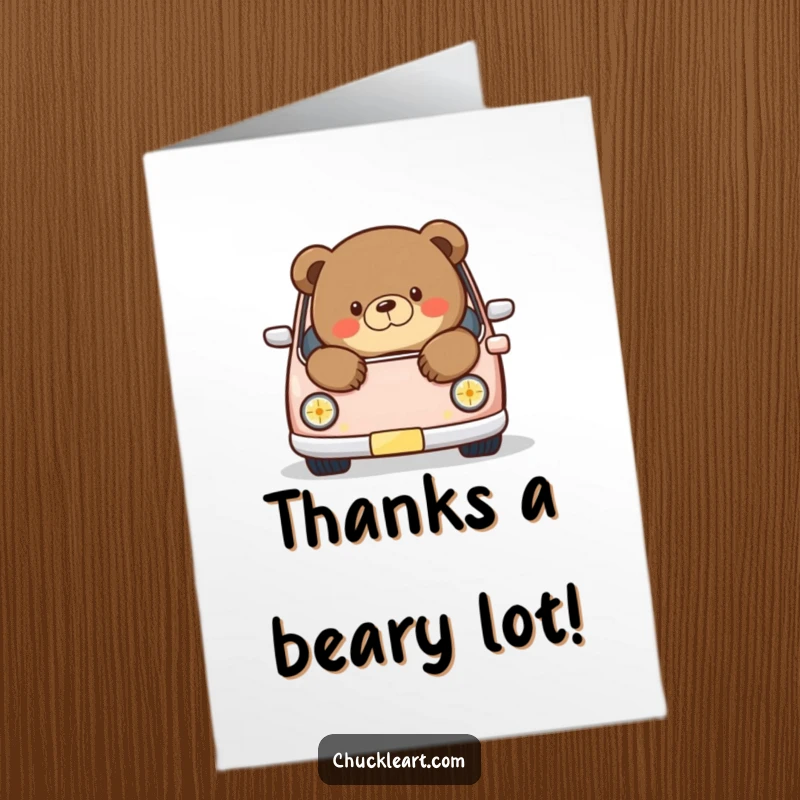 Funny Free Printable Thank You Card: A chubby bear overflowing from a miniature car, a humorous way to say thanks.