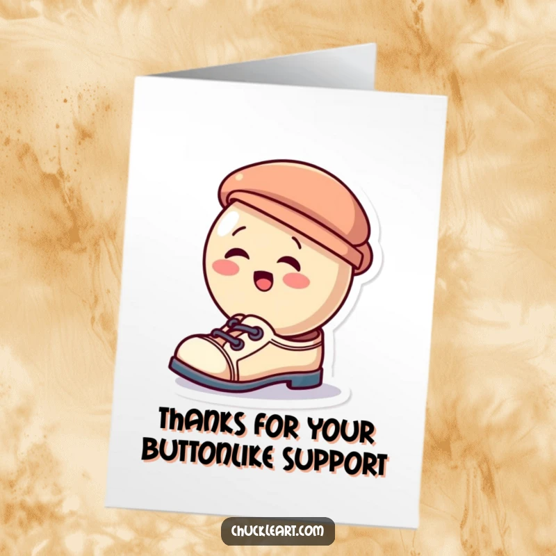 Funny Free Printable Thank You Card: Giggling button hilariously attempts to wear a hat as a shoe, expressing quirky gratitude.